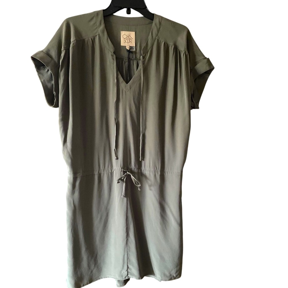 CHASOR Olive Green Dress Drawstring Waist V-Neck Short Sleeve Casual Size‎ S NWT